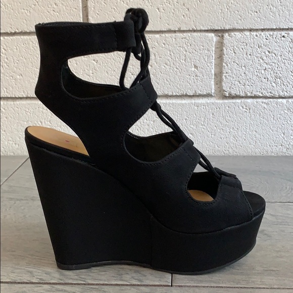 Black Faux Leather Open Toe Lace Up Platform Wedge - Picture 5 of 7